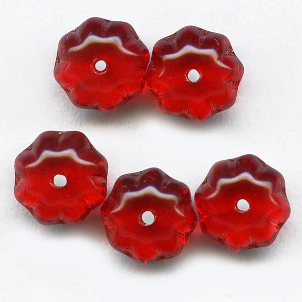 Vintage ruby red glass fluted saturn beads, 8x6mm pkg of 15.