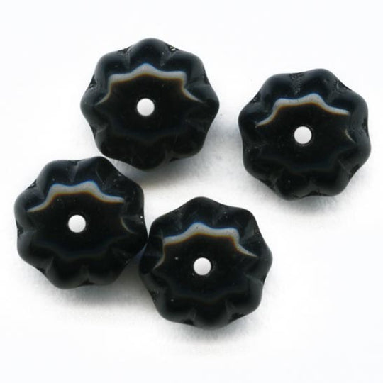 Vintage jet glass fluted saturn beads, 8x6mm pkg of 15. b11-bw-0963