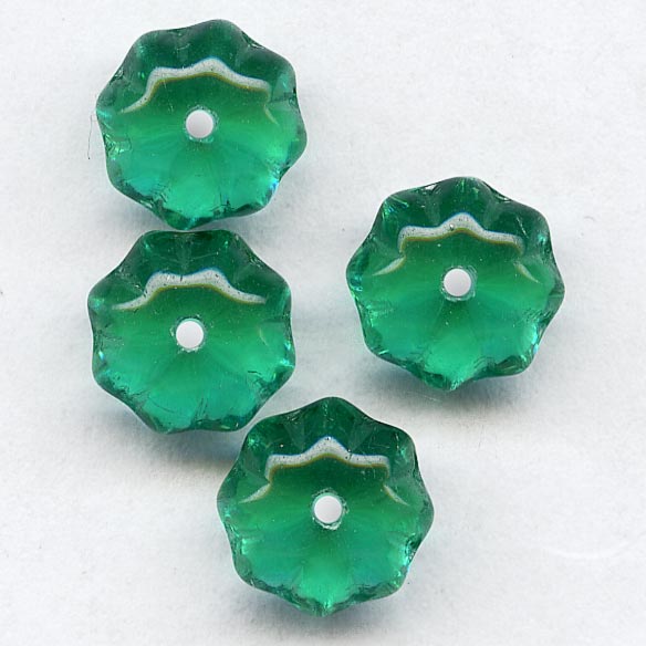 Vintage emerald glass fluted saturn beads, 8x6mm pkg of 15