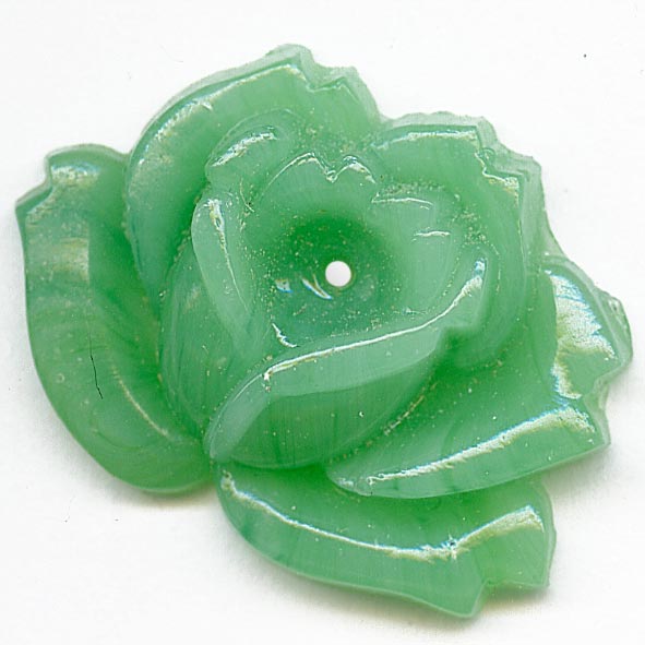 Vintage Japanese Cherry Brand molded glass rose in jade green. 27x20mm. Pkg of 1.