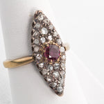 Antique Georgian rose gold Burmese ruby and diamond navette ring