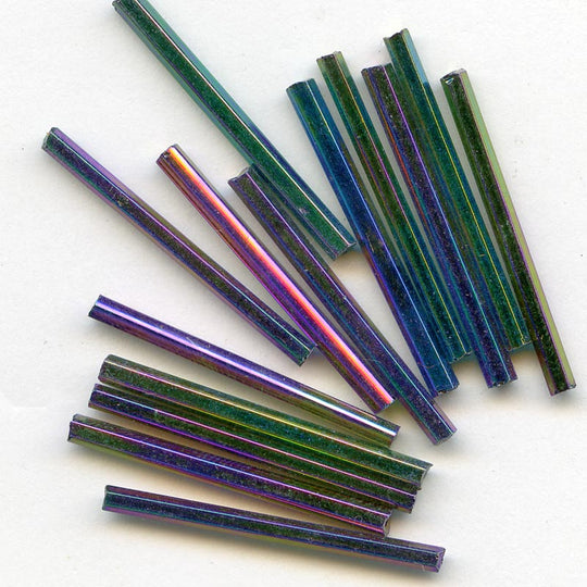 Vintage Czech purple and green iris 6-sided bugles, 30mm, 10-gram bag. b17-122(e)