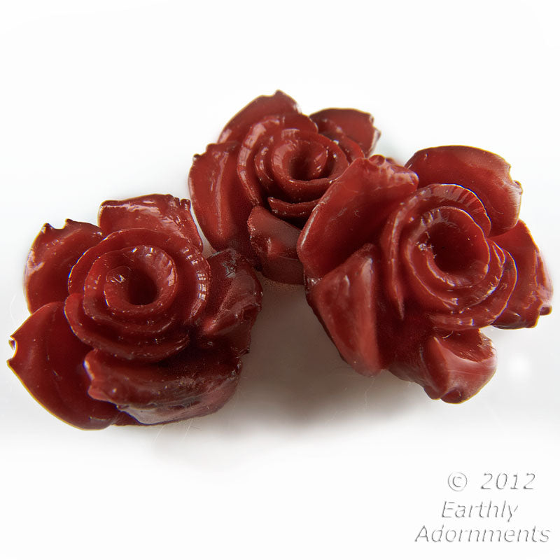 Vintage flat back plastic chestnut red rose round cabochon, 15mm package of 2.