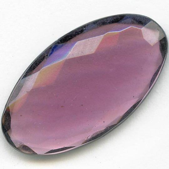 Faceted cabochon, flat back amethyst glass . 32x18mm. Pkg of 1. b5-606(e)