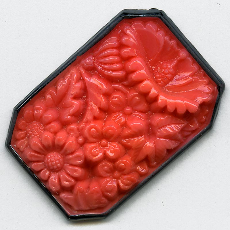 Old Bohemian molded black rimmed coral glass flat-back "carved" floral rectangle. 35x25mm, pkg of 1. 