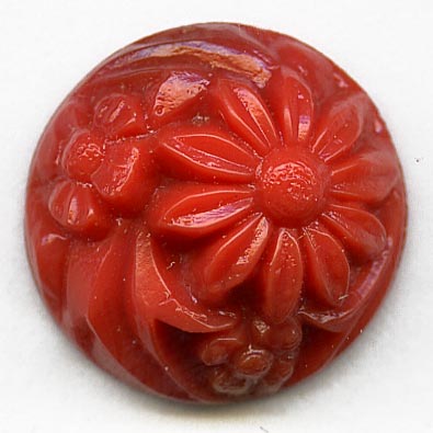 Vintage molded coral glass round domed cabochon flower design, Japan 16mm pkg of 1