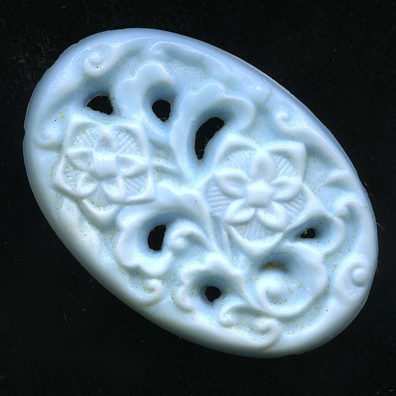 1920s Gablonz blue molded satin glass floral stone. 34x22mm pkg of 1.