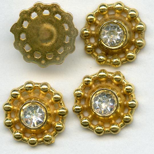 Vintage Molded Brass Circular Charm or Sew-On with Bezel-Set Rhinestone. 10mm with 3.5mm Rhinestone. Pkg. of 6. 