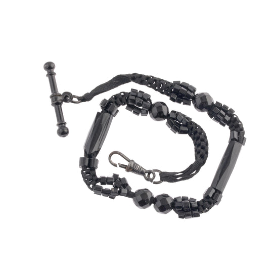 Victorian Ladies Watch Chain, woven ribbon and black glass.  j-fbvc142