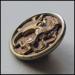 Antique stamped brass over wood picture button. Lion, 1 1/8 inch diameter