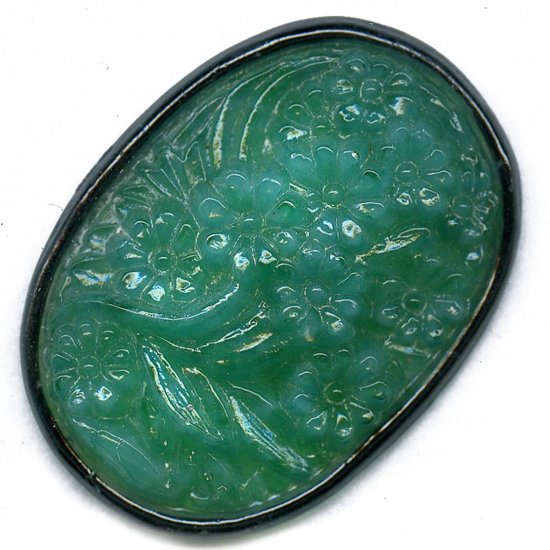 Vintage Bohemian molded green glass cabochon with black glass rim 36x26mm pkg of 1