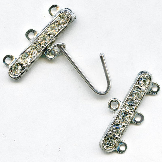 Vintage 2-part 3-strand bar clasp with hook. Rhodium plated with 6 rhinestones. 23mm width.. b8-236