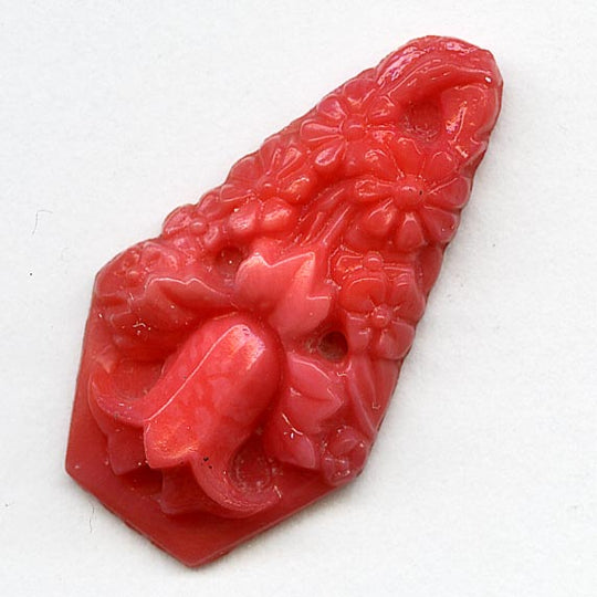 Floral Coffin Shaped Cabochon, coral color glass, 1920s. Gablonz. Pkg 2. b5-597