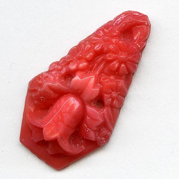 Antique Bohemian molded coral glass teardrop,1920s Gablonz, 25x14mm pkg of 2. 