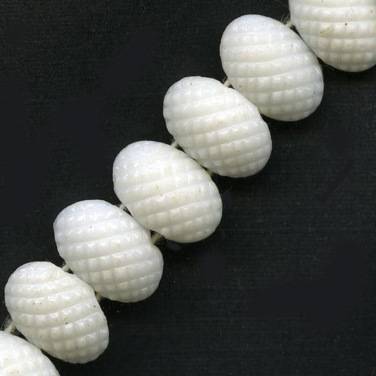 Old Czech white glass flat 2 hole oval bead with pineapple pattern 11x8mm pkg of 10. b11-bw-0968