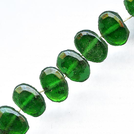 Vintage Czech foiled emerald glass flat back sew-on beads. 7x5mm. Pkg of 24.