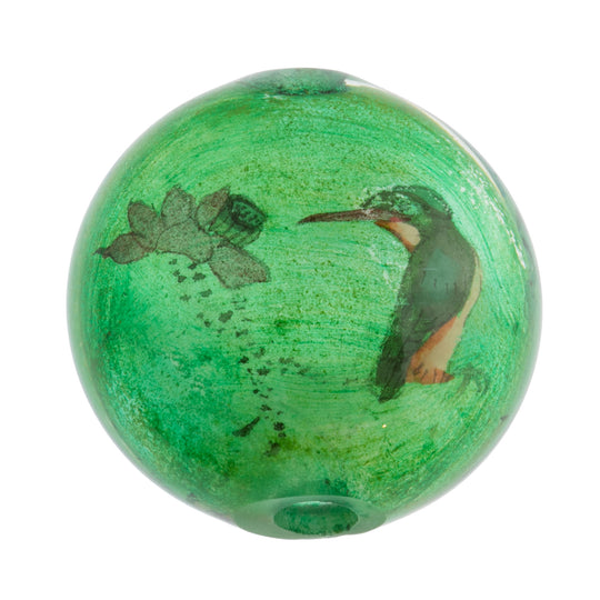 Reverse Painted Hollow Glass Bead, Kingfisher on branch with green background, 28mm pkg of 1. B10-0008a