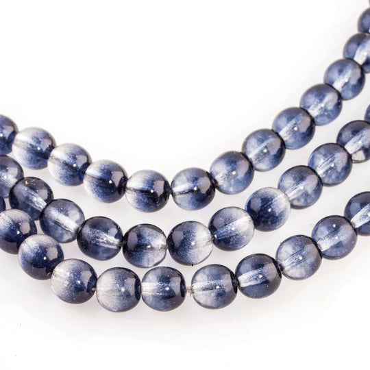 Smooth 2-tone round beads of clear crystal and dark sapphire glass. 8mm. Contemporary Czech Republic. 12 pcs. b11-bl-1191