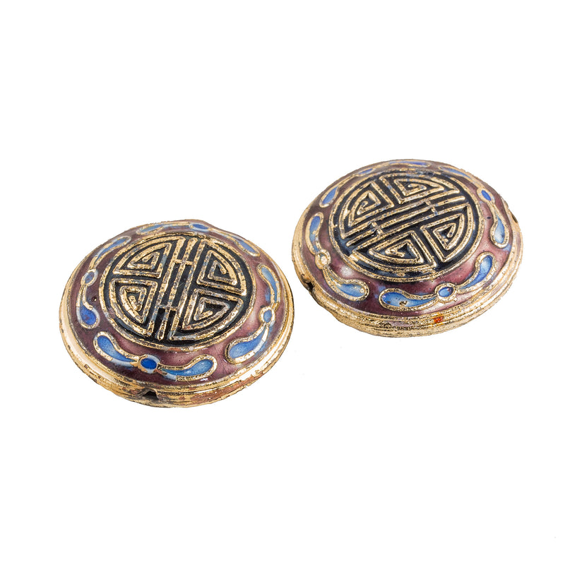 Enameled hollow flat disk bead with  longevity symbol multi color enamel and gold accents.  21x8mm. Package of 2.