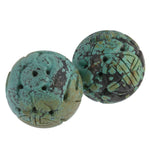 Vintage carved and pierced Chinese turquoise 30mm round Shou bead.