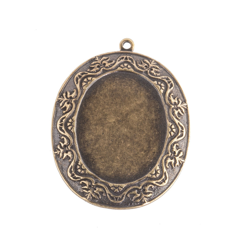 Ornate Victorian-Style Stamped Oxidized Brass Oval Frame Pendant Setting. 4 sizes.