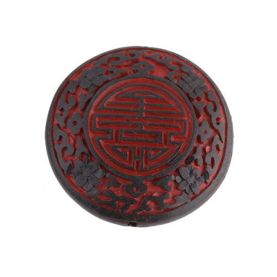 Black and red molded and carved cinnabar lacquer disk, 55mm dia, pkg of 1. B7-CIN104(e)