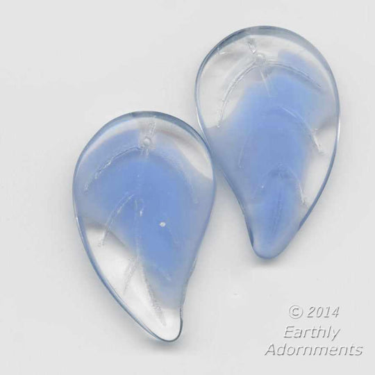 Clear and cloudy blue givre leaf pendant. 30x20x11mm. Pkg. of 4. b11-bl-2090