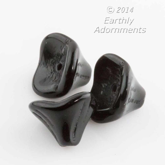Czech 3-petal trumpet flower glass bead 10x12mm in jet. Package of 6.  B11-bw-2066