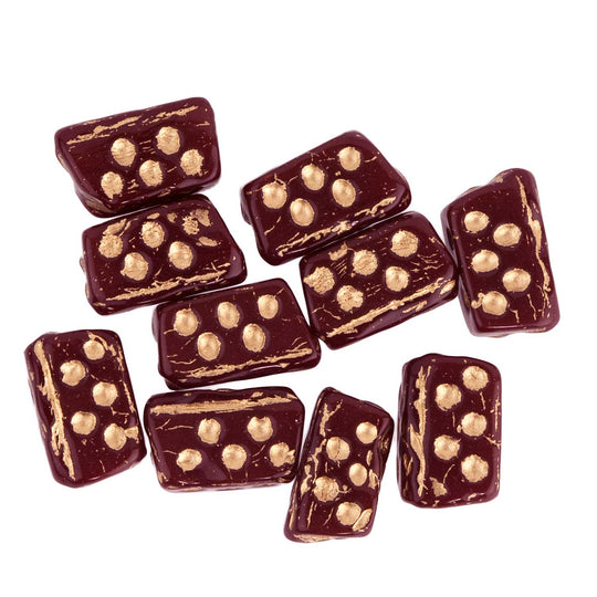 Dice beads, metallic gold dots on red glass, African Trade. Pkg 10. b11-rd-0598-2