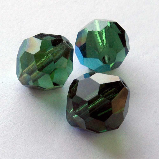 Faceted Bead, West German tin cut, pine green with AB,  12x10mm. Pkg of 2. B11-GR-0701