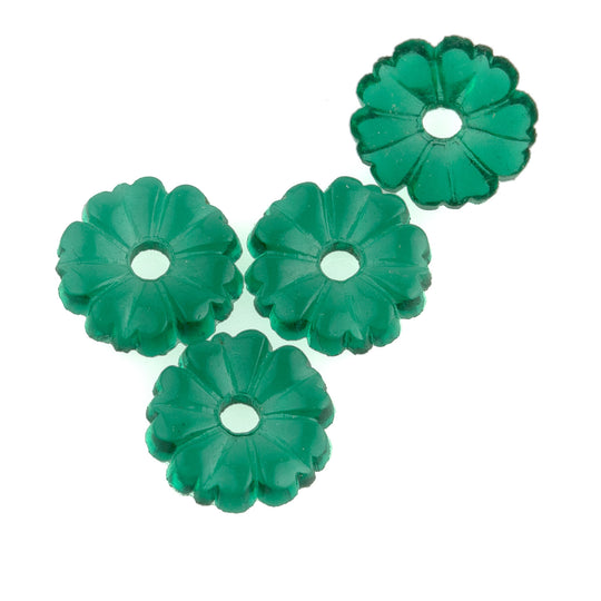 Flower Cabochon with center hole, green glass, flat back.  11mm. Pkg of 4. b5-459