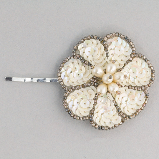 Hair pin made with 1920's hand sewn sequin and pearl applique. ac-h-220.