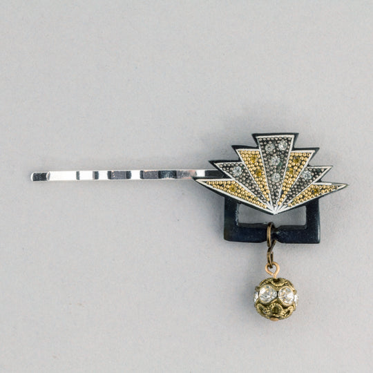 Hair pin made with Art Deco buckle part and rhinestone ball. ac-h-219