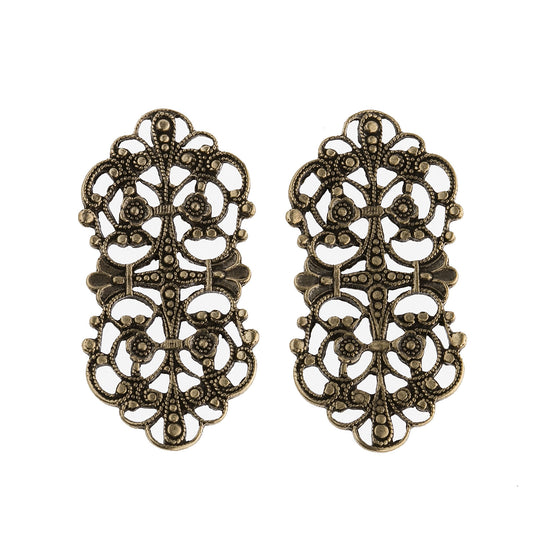 Vintage oxidized stamped brass filigree ornamental component. 35x18mm Pkg. of 2. b9-0877(e)