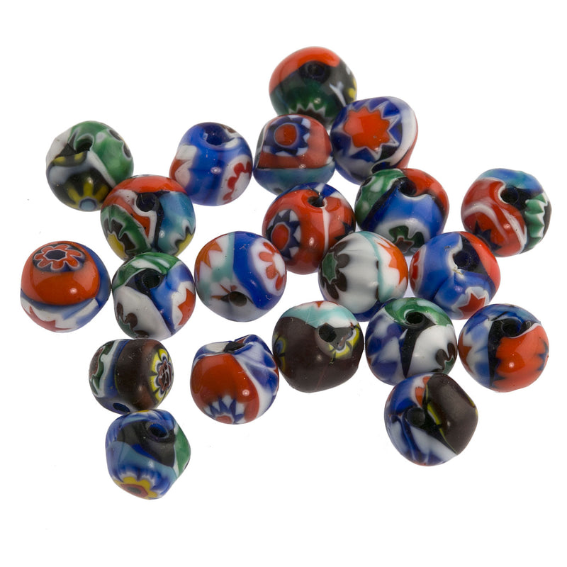 Vintage Murano Moretti studio millefiori flower beads, 1950-60s. 6mm pkg of 8. 