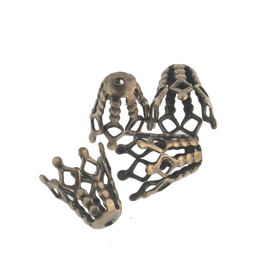 Vintage oxidized brass filigree bead cap. 8mm at rim. 10mm long. Pkg of 8. b9-0785