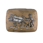 Vintage medieval peasant with plough and oxen glass intaglio silver foil on gold. 28x22mm. Pkg of 1.