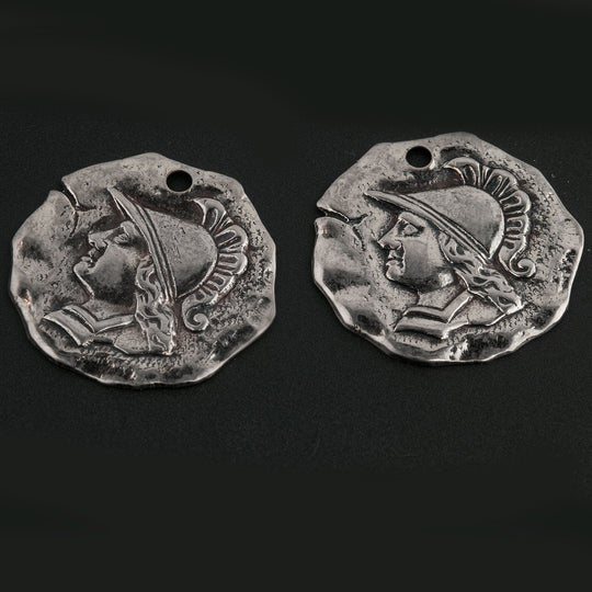Vintage Stamped Ancient Warrior Coin Charms. Oxidized Silver Metal. Single hole. 21mm. Pkg. of 4. b9-1078