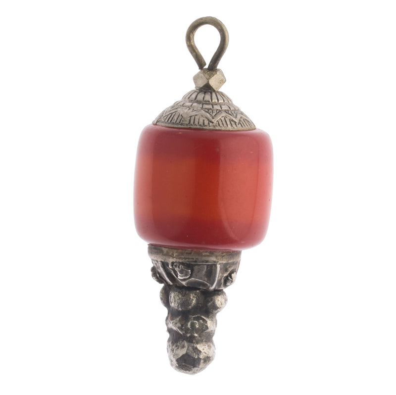 Old ethnic Yemen faux copal amber bead with silver caps. 66x25mm. Yemen. b18-652