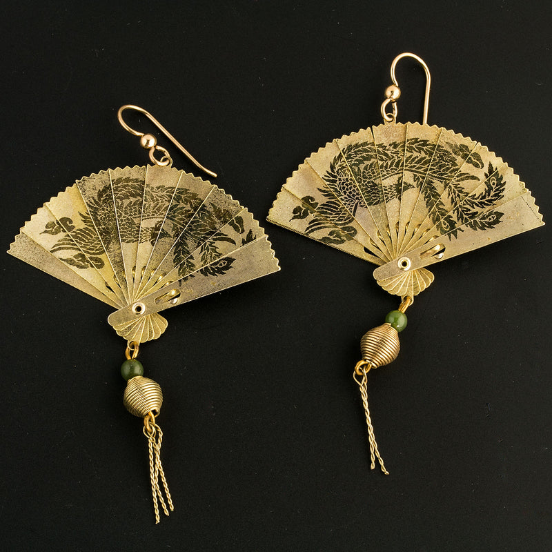 Vintage gold metal Asian miniature folding fan earrings with jade bead