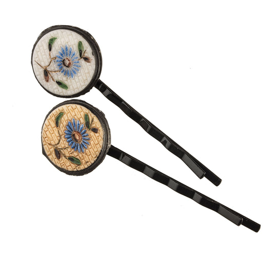 Pair of hair pins made from vintage pressed glass buttons from Czechoslovakia. One of a kind. ac-h-215