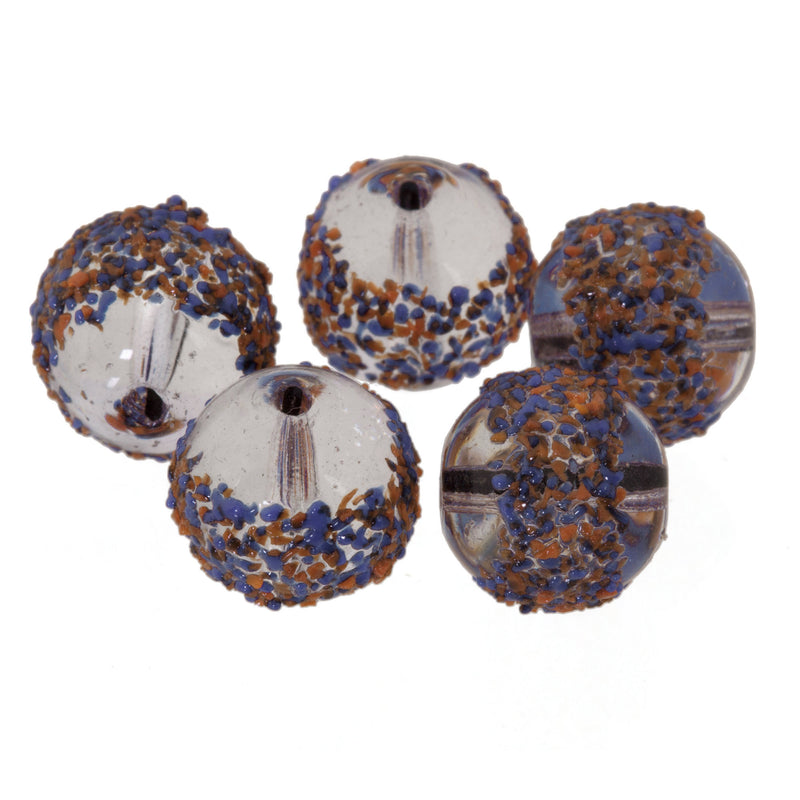 Vintage German Sugar Beads blue and orange sprinkles over clear glass. 7mm. Pkg of 5. B11-PP-0401