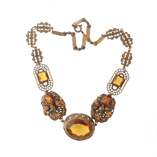 Edwardian Gurtler Work Necklace, golden glass gems. Czech. J-NLED502