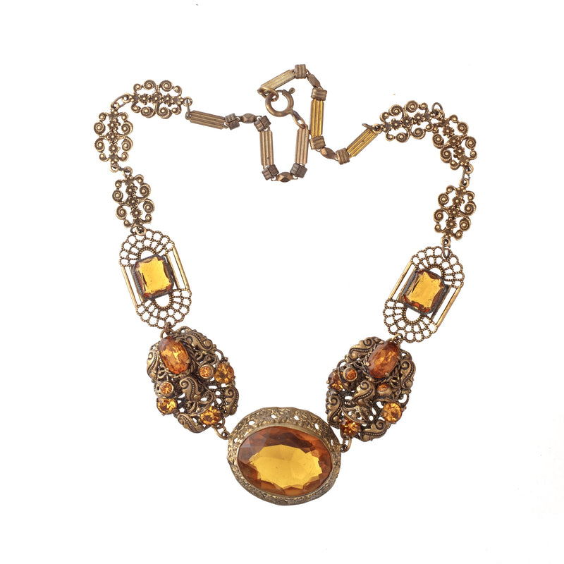 Edwardian style necklace, Golden Facated Glass, Gurtler Work setting. 19 in.