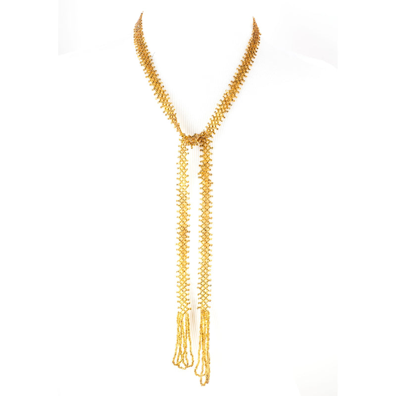 Art Deco woven golden seed bead lariat necklace.  33 in. 1930's.