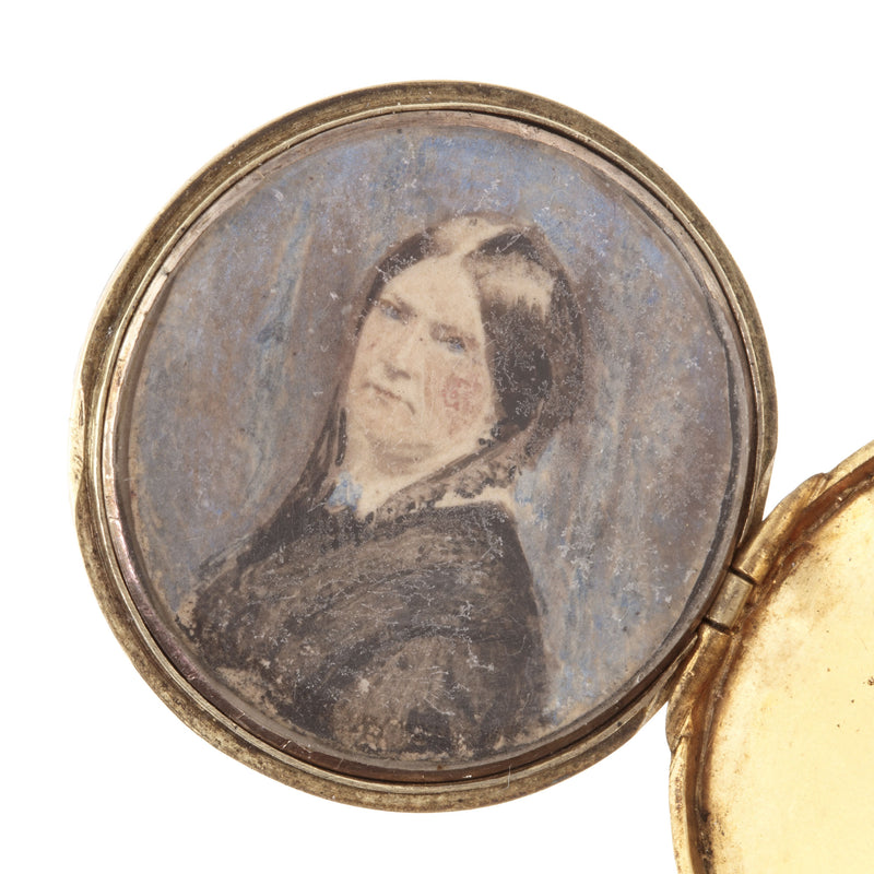 Antique Georgian opal diamond and 18k yellow and white gold mourning locket with watercolor portrait circa 1820-1830.