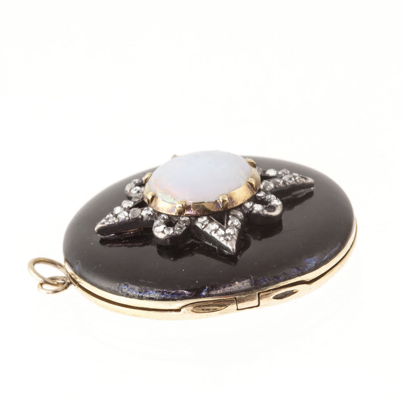 Georgian opal diamond and 18k yellow and white gold mourning locket with watercolor portrait
