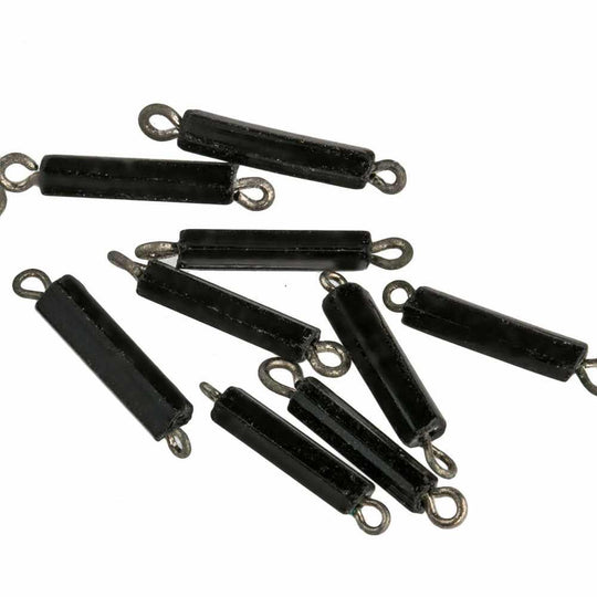 Jet Black Glass Bugle Beads on wire, silver colored.  8mm x1.5mm. Pkg 20. b11-bw-0824