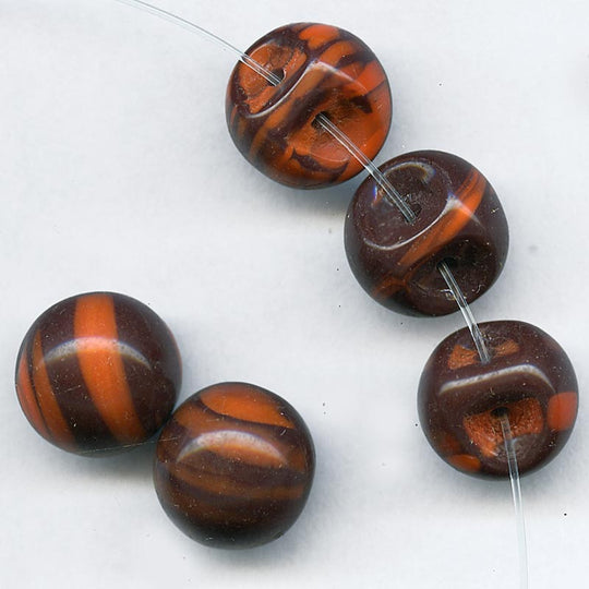 Tiger Stripe, Orange and Black/Brown Glass Button Bead. 12mm, Pkg 8. b11-yo-0915