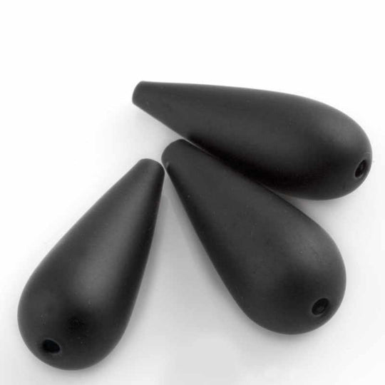 Vintage Art Deco hollow matte jet satin glass teardrop, 1920s France 15x6mm avg. Pkg of 2. b11-bw-2089(e)